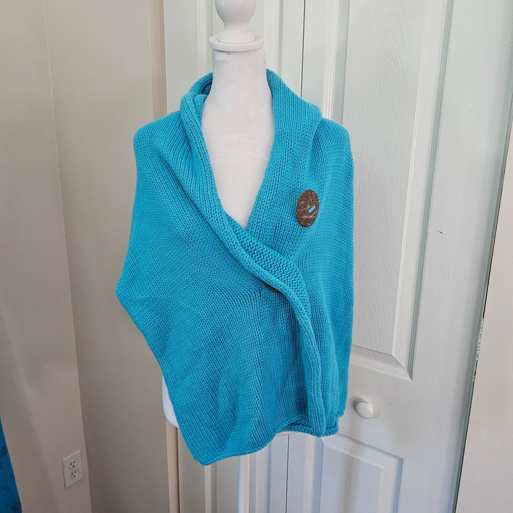 Pure Handknit Womens One Size Turquoise Cotton Knit Wrap Shawl Coconut Buttons